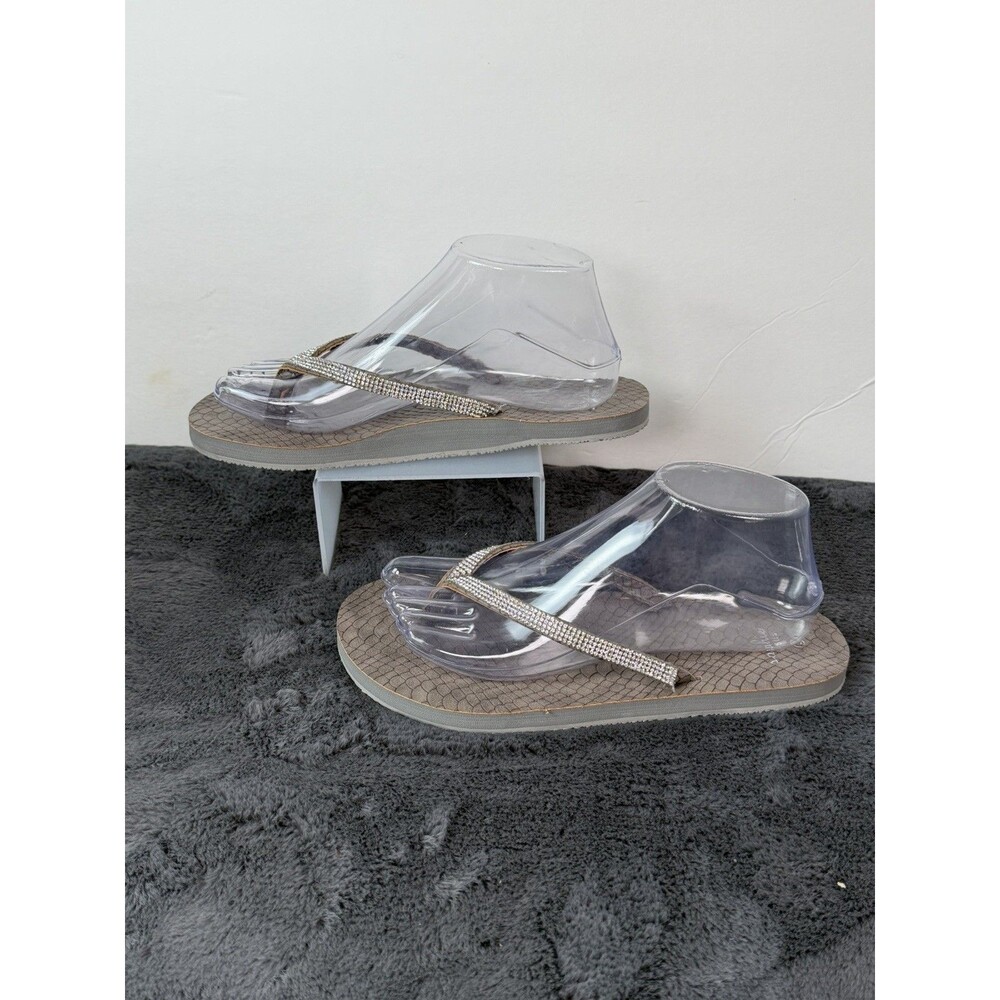 Sophie Sue Women’s Size 8 Rhinestone Flip Flops Gray Snakeskin Sparkle Sandals